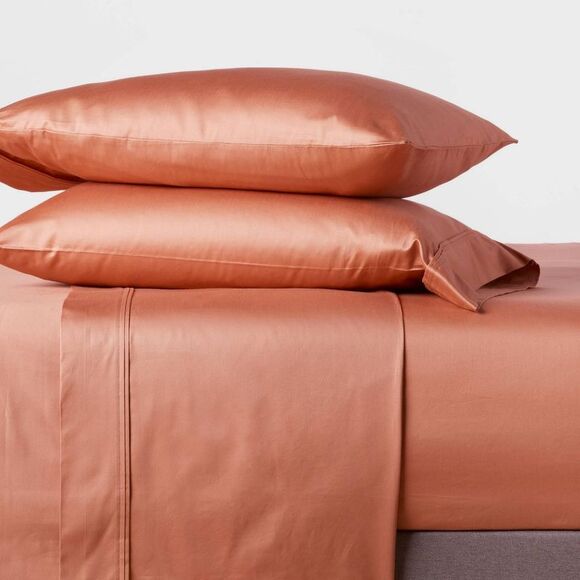 Open Box - Threshold -  400 Thread Count Cotton Sateen 4-Piece S Rust - Picture 2 of 5